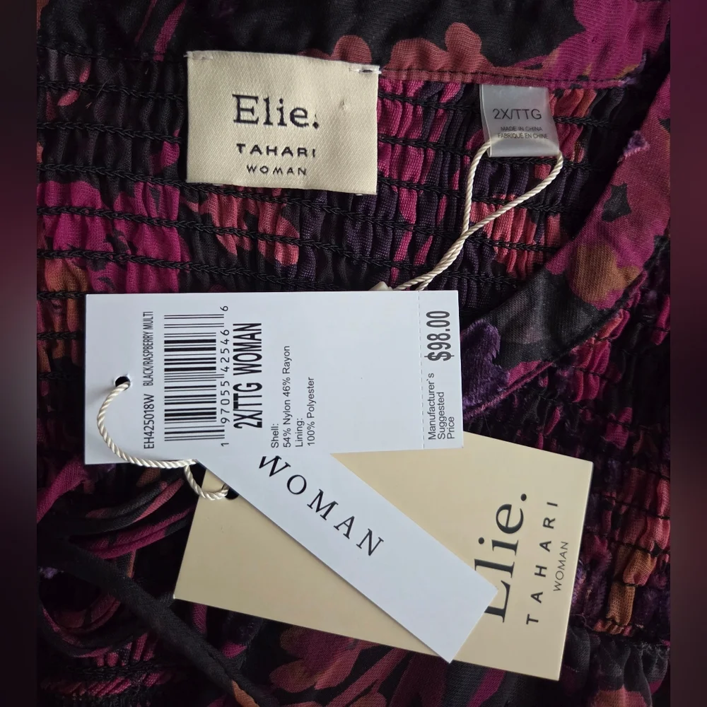 NWT Elie Tahari Woman Floral Tie-Neck Blouse - Pink/Magenta Size 2X